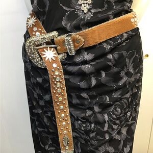 Fur Rhinestone Studded Brown Leather Western Belt Crystal Buckle Rodeo bling